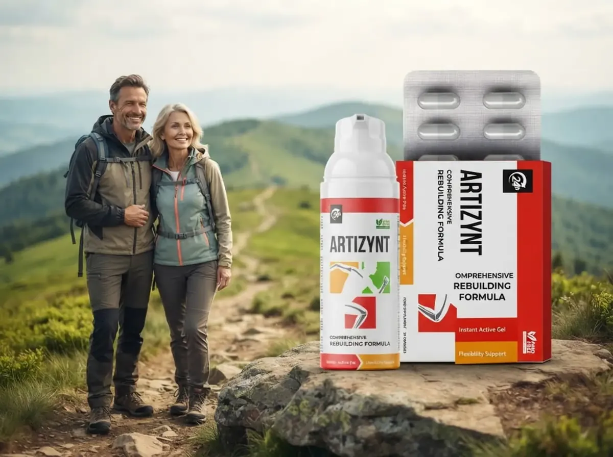 Paar mit Wanderrucksäcken auf einem Bergweg, daneben auf einem Felsen ArtiZynt Gel und die Kapselpackung