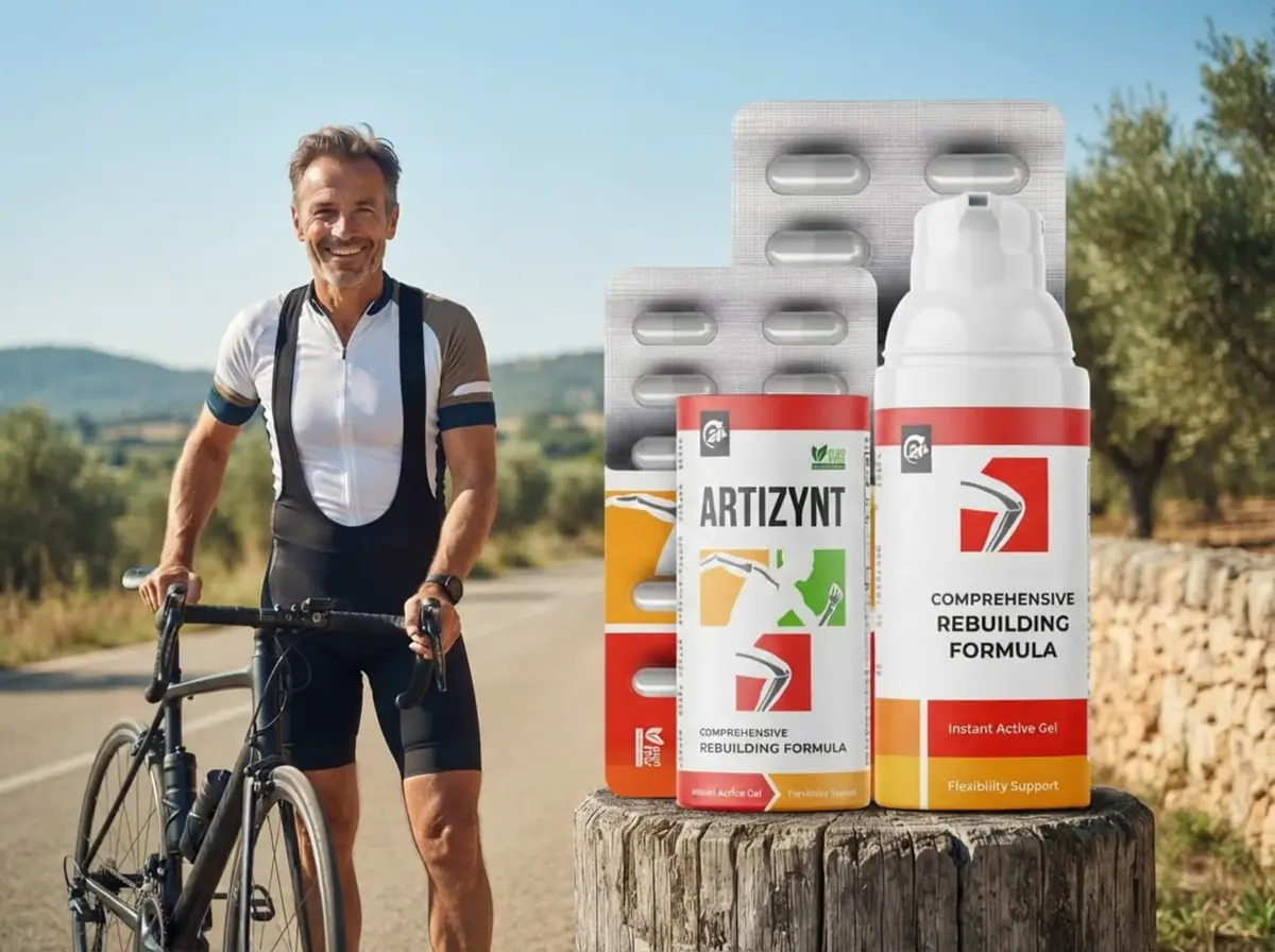 Usmiaty cyklista s bicyklom na ceste medzi olivovníkmi, vedľa na pni balenia ArtiZynt kapsúl a ArtiZynt gélu