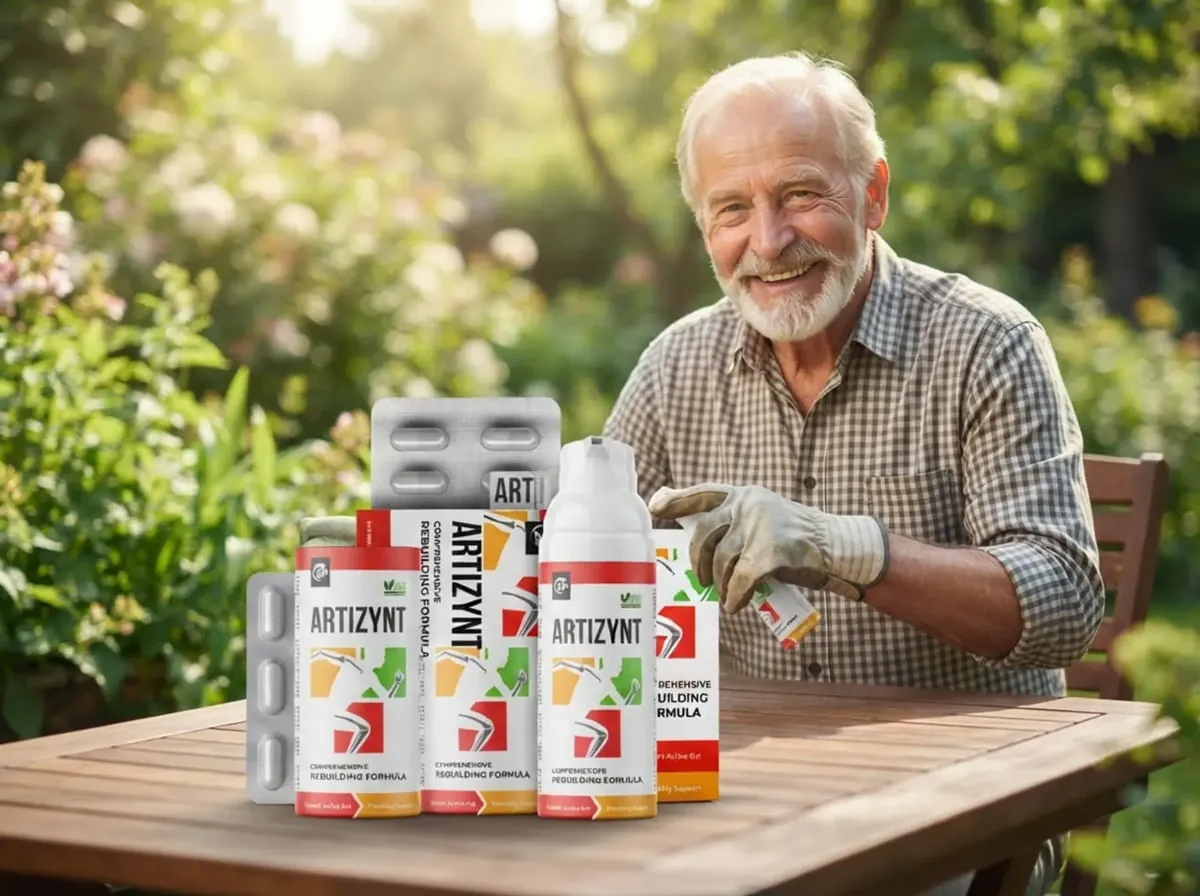 Älterer Mann mit Gartenhandschuhen lächelt an einem Holztisch im Garten, davor ArtiZynt Kapseln und ArtiZynt Gel