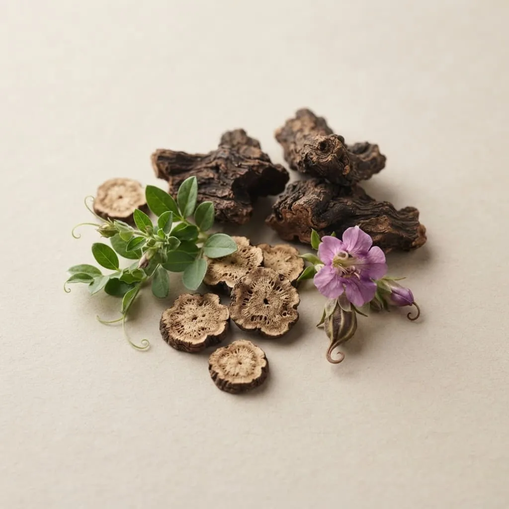 Getrocknete Stücke der Teufelskrallenwurzel mit grünen Blättern und einer violetten Blüte