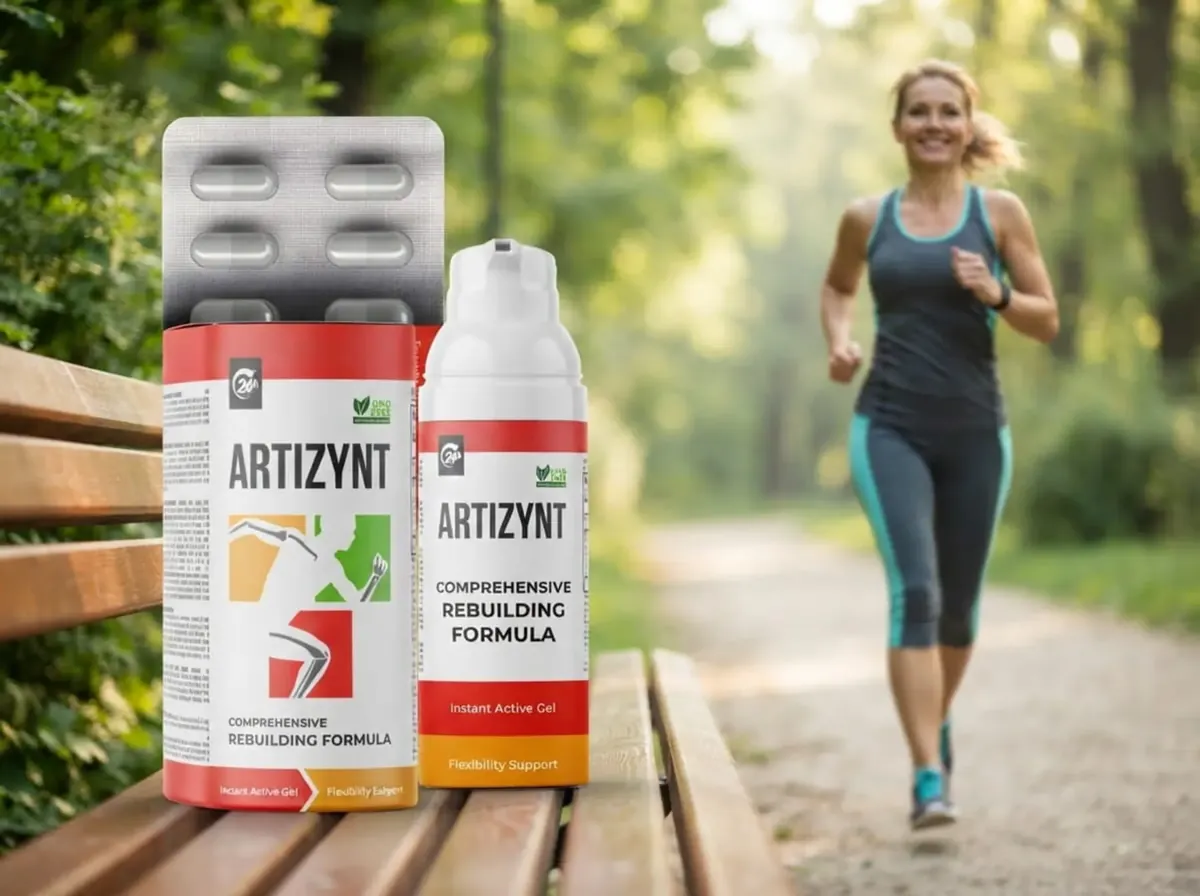 Frau joggt auf einem Waldweg, im Vordergrund stehen ArtiZynt Gel und ArtiZynt Kapseln auf einer Parkbank