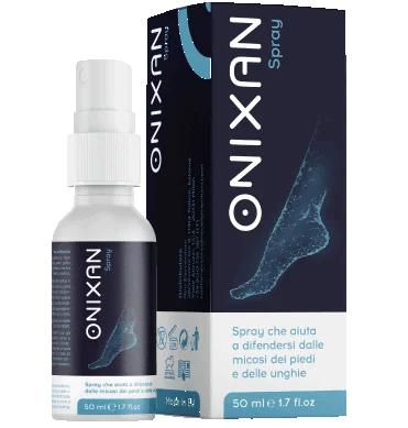 Caja y frasco espray de Onixan, cosmético para pies y uñas de 50 ml