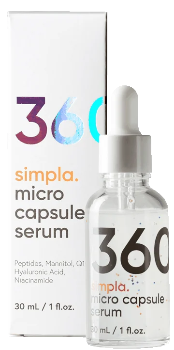 Caja y frasco con gotero de Simpla 360, sérum facial de 30 ml