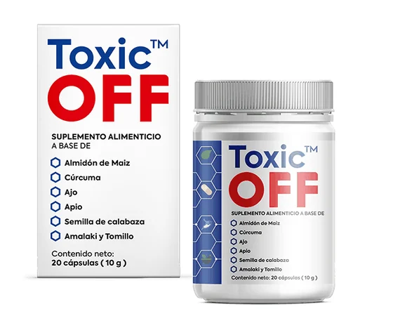 Caja y frasco de Toxic Off, suplemento en cápsulas con cúrcuma, ajo y tomillo